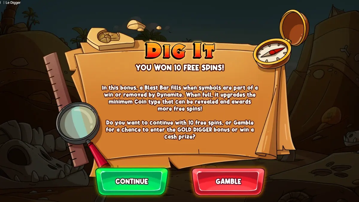 Tampilan layar permainan slot Le Digger dengan Smokey si rakun di latar belakang gurun.