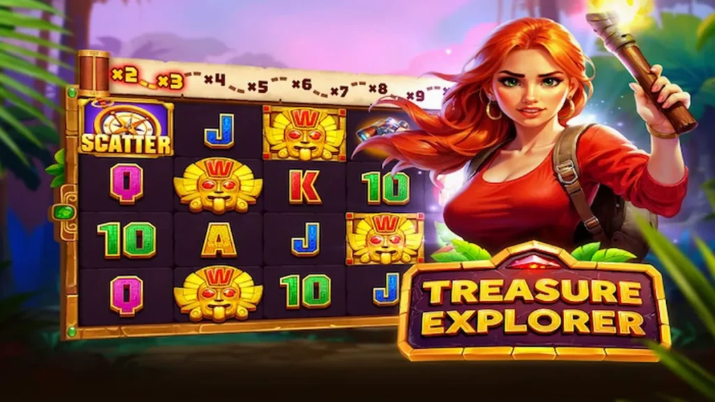 Tampilan antarmuka seluler slot Treasure Explorer di tengah hutan Aztec