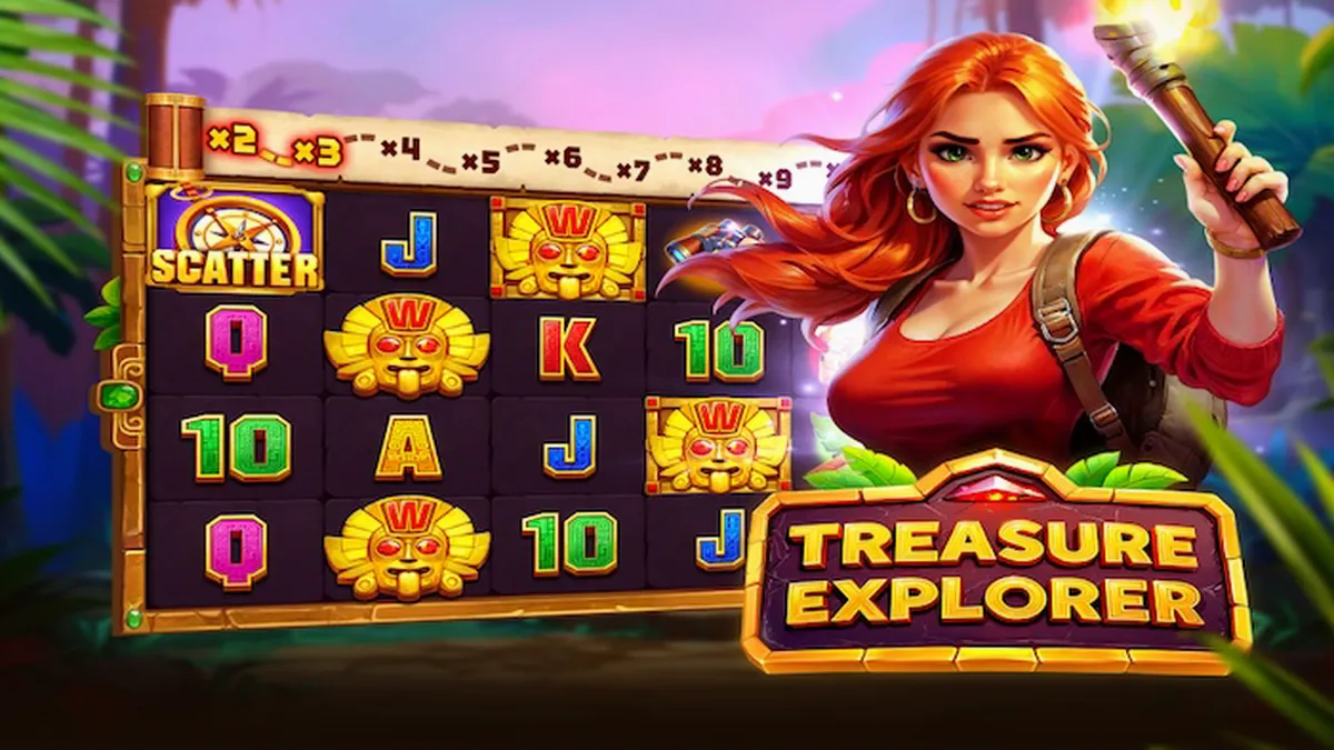Tampilan antarmuka seluler slot Treasure Explorer di tengah hutan Aztec